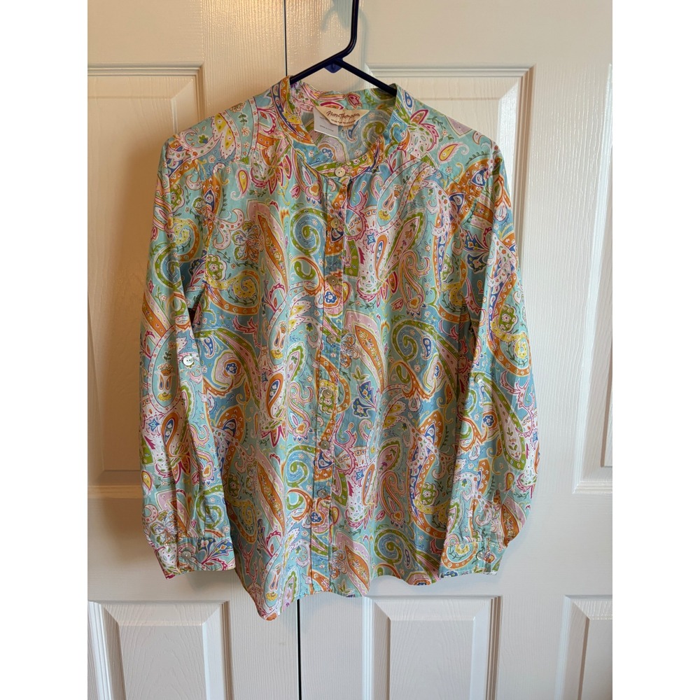 Norm Thompson Women Paisley Cotton Button Up Blouse Mandarin Collar Blue Pink L
